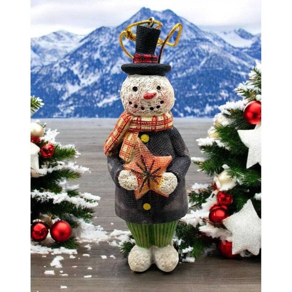 Winter Snowman Christmas Tree Ornament Holding Star Top Hat